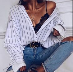 Ripped Jeans Heels, Oversized Striped Shirt, Lace Bralette Top, Couture Mode, Photography Beauty, Brunch Outfit, Date Outfits, Popular Culture