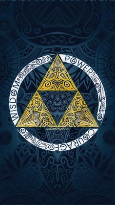 the legend of zelda's triforce symbol on a blue background with intricate designs