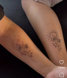 two people with matching tattoos on their legs, one has a sunflower and the other has a flower