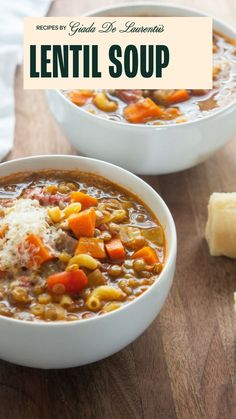 Two bowls filled with soup that has carrots, celery, noodles, lentils and other vegetables mixed in. There is a sprinkle of parmesan cheese on top of the soup as well. Soup With Pasta, Dairy Free Dinner, Meatless Dinner, Hearty Stews, Diet Food List, Lentil Soup, Homemade Soup, Italian Dishes