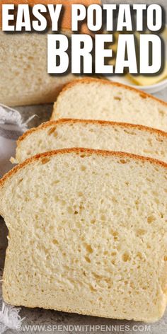 three slices of easy potato bread on a piece of parchment paper with text overlay