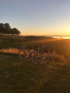 two bikes parked next to each other in the grass near water and trees at sunset