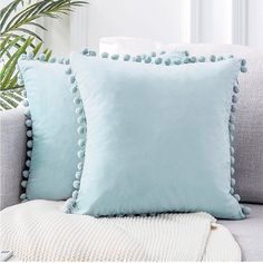 two blue pillows sitting on top of a gray couch next to a potted plant