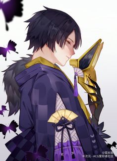 an anime character with black hair and blue eyes holding a mirror in his hand, surrounded by butterflies