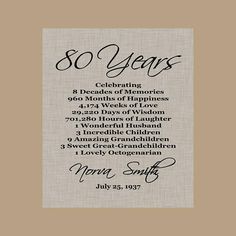 an anniversary card with the words 80 years printed in black and white on beige linen