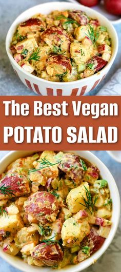 the best vegan potato salad in a white bowl