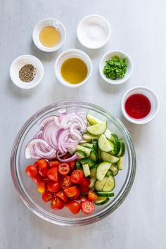 the ingredients for this salad are neatly arranged in bowls