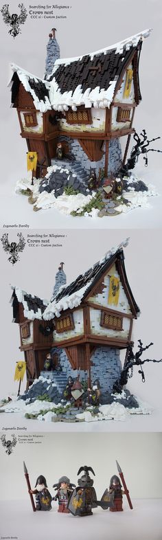 three different views of a house in the snow