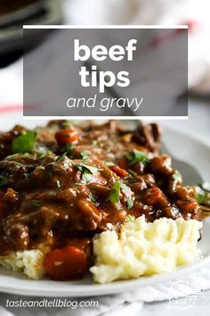 beef tips and gravy on a plate with mashed potatoes