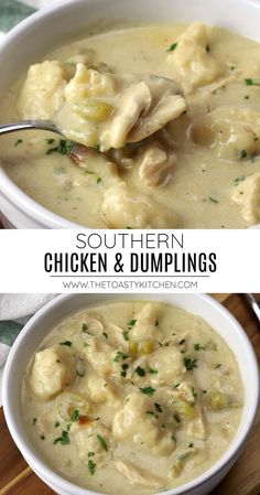 two pictures of chicken and dumplings in a white bowl