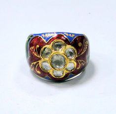 Vintage 22K Solid Gold Enamel Work and set with large Uncut Diamond polki Ring. Beautiful collection piece in very good condition. Usa Ring Size-6.5 ( we can adjust size), width -16.5 mm, weight-11.300 grams. Vintage Gold Meenakari Jewelry, Traditional Gold Meenakari Rings, Bollywood Style Meenakari Gold-plated Bangle, Ceremonial Meenakari Rings, Mughal Jewelry, Vintage Multi-stone Ruby Ring In 14k Gold, 22k Gold Ring, Silver Anklets, Uncut Diamond