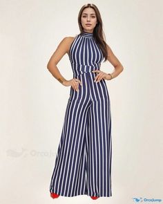 Orcajump - Seductive Striped Jumpsuit with Backless Design and Wide-Leg Pants Striped Jumpsuits And Rompers For Party, Chic Blue Stretch Strapless Jumpsuit, Chic Blue Strapless Stretch Jumpsuit, Chic Blue Wide Leg Jumpsuits And Rompers, Chic Blue Wide-leg Jumpsuits And Rompers, Chic Blue High-waist Strapless Jumpsuit, Chic Full-length Non-stretch Jumpsuits And Rompers, Chic Full Length Non-stretch Jumpsuits And Rompers, Chic Full-length Non-stretch Jumpsuit