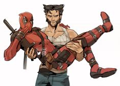 a drawing of a man in deadpool costume holding a deadpool character with his arms around him