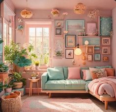 a living room filled with furniture and lots of plants on the wall next to a window