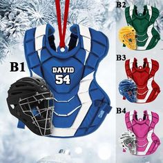 an ornament with the name david 54 on it and four different catcher's mitts