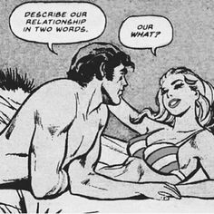 an old comic strip with a man and woman on the beach talking to each other