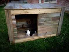 a black and white dog laying in a wooden kennel on the grass next to a brick building