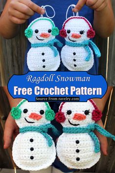 two crocheted snowmen are shown in front of a fence with the text raggli snowman free crochet pattern