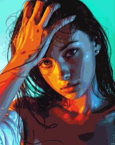 a digital painting of a woman with her hand on her head and hands behind her head