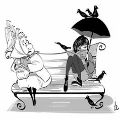 a black and white drawing of two people sitting on a park bench with an umbrella