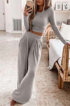 Solid Color Ribbed Crop Top Long Pants Set Bohol, Casual Home, Maxi Robes, Ribbed Crop Top, Long Crop Top, Pantalon Large, Loungewear Set, Yoga Shorts, Denim Jumpsuit