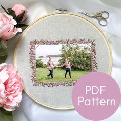 "*This item includes digital files only* This package includes PDF digital download patterns of my Cherry Blossom Frame design for a 10\" hoop. You can adjust the pattern size using your printer settings if this size doesn't suit your project. This pattern is intended to hold a 4x6\" photo which you can change out whenever you like! You will also receive a 28-page embroidery guide which includes illustrations and step-by-step photos to help you with each stitch type. You can also watch example v Cherry Blossom Embroidery, Flowers Embroidery Pattern, Blossom Embroidery, 4x6 Frames, Nursery Patterns, Frame Diy, Opening An Etsy Shop, Custom Bouquet