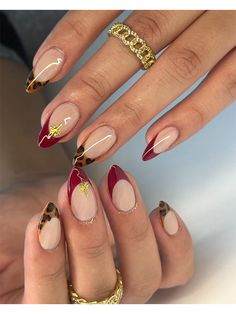 This fall, French tipped nails are made with leopard and red tips. The gold star details on the middle fingers look nice. Red French Tip With Gold Line, Red French Tip Nails With Gold, Gold And Red Nail Designs, Leopard Red Nails, Red Nails With Gold Design, Leopard And Red Nails, Nice Nail Designs, Gold Red Nails, Red Fall Nail Designs