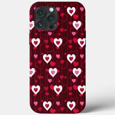 a red phone case with hearts on it