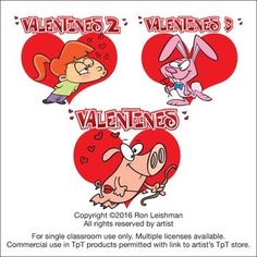 valentine's day flyer with two cartoon characters on the front and one in the back