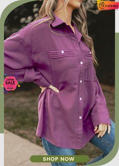 Purple Solid Pocket Long Sleeve Button-up Shirt Long Sleeve Shirt With Roll-up Sleeves For Fall, Solid Shirt With Buttoned Pockets For Fall, Fall Collared Shirt With Snap Buttons, Shirt With Buttoned Pockets For Fall, Fall Shirt With Solid Color And Buttoned Pockets, Fall Button-up Shirt With Buttoned Pockets, Fall Button-up Shirt With Button Closure, Button-up Shirt With Buttoned Pockets For Fall, Trendy Purple Collared Shirt