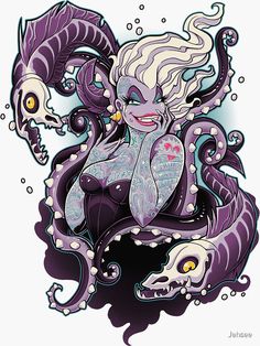 a drawing of a woman with purple hair and tattoos on her body, sitting in the water