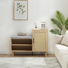 a living room with a white couch and wooden cabinet next to a potted plant