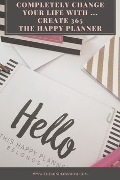 the words hello written in black and white are surrounded by stationery, pens, and paper