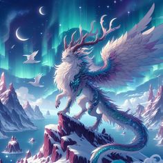 a white dragon standing on top of a snow covered mountain