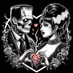 two skeletons holding hands with roses in the shape of a heart on a black background