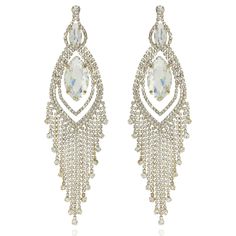 Shoulder length and lightweight, wear these stunning chandelier earrings with a casual white tee for that extra oomph of bling or an off the shoulder dress/blouse to catch anyone's eye. Size: - Post Earrings Length: 6 in (15.24 cm) x Width: 1.75 in (4.45 cm) Quality: - Metal alloy helps keep the earrings lightweight and elegant. Lead-free & nickel-free, not harmful for your skin. Imported ERY8900G White Crystal Chandelier Earrings With Rhinestones, Glamorous White Dangle Crystal Earrings, Glamorous White Crystal Earrings With Bling, Crystal Chandelier Earrings With Rhinestone Fringe, Glamorous Dangle Chandelier Earrings, Glamorous Wedding Chandelier Earrings With Rhinestone Fringe, Wedding Chandelier Earrings With Rhinestone Fringe, White Rhinestone Chandelier Earrings For Party, White Rhinestone Chandelier Drop Earrings