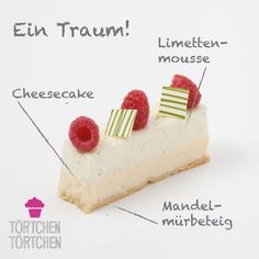 a piece of cheesecake with raspberries and cream on top, labeled in german