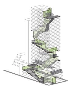 an architectural drawing of a spiral staircase in the middle of a building with multiple levels