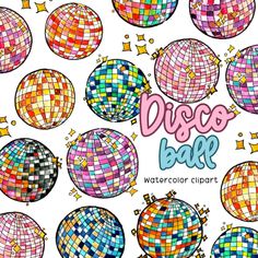 the disco ball watercolor clipart is shown in different colors and shapes, with stars around