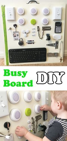 a young boy is playing with a busy board diy set up on the wall