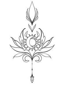 a black and white drawing of a flower with an ornate design on the center, surrounded by leaves