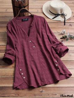 Olivia Mark - Loose Fit Top with Irregular Hem and Button Decoration Button Decorations, Irregular Hem, Loose Fitting Tops, Vintage Plaid, Plus Size Blouses, Long Blouse, Kurti Designs, Plus Size Shirts, Blouse Styles