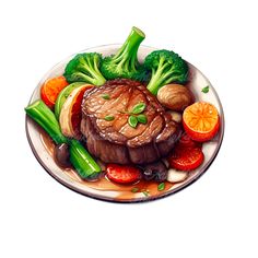 a plate with broccoli, carrots, and meat on it is shown