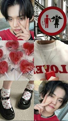 the collage has pictures of people with heart shaped candies in them, and there is a sign that says love