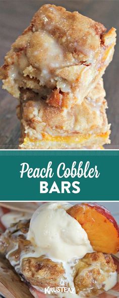 peach cobbler bars with ice cream and fresh peaches on top are the perfect dessert for summer