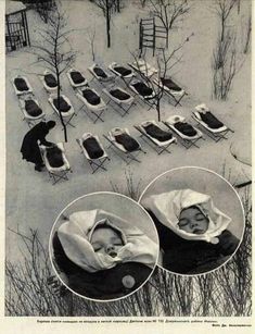 an old black and white photo shows babys sleeping in chairs on snow covered ground