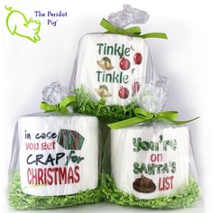 A selection of other designs shown. White Elephant Christmas, Embroidered Toilet Paper, Christmas Toilet Paper, Gag Gifts Christmas, Navidad Diy, Funny Christmas Gifts, Gifts For Office, Secret Santa Gifts, White Elephant