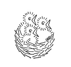 a black and white drawing of two birds in a nest