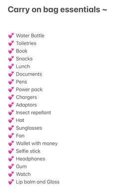 the list for carry on bag essentials is shown in pink and white with hearts