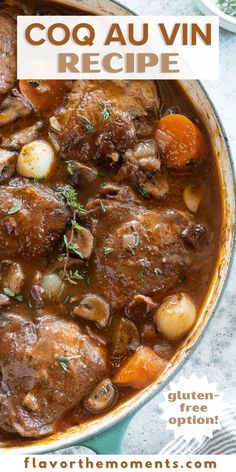 a pot full of stew with mushrooms and carrots in it, on top of a table